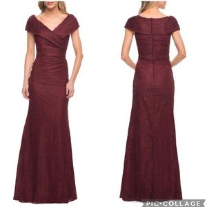 La Femme 27982 Portrait Neck Lace Gown Burgundy